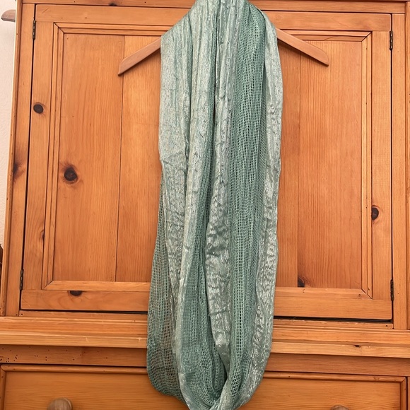 Soft deep mint green infinity scarf with silver metallic highlights, 72”X 28” - Picture 9 of 11
